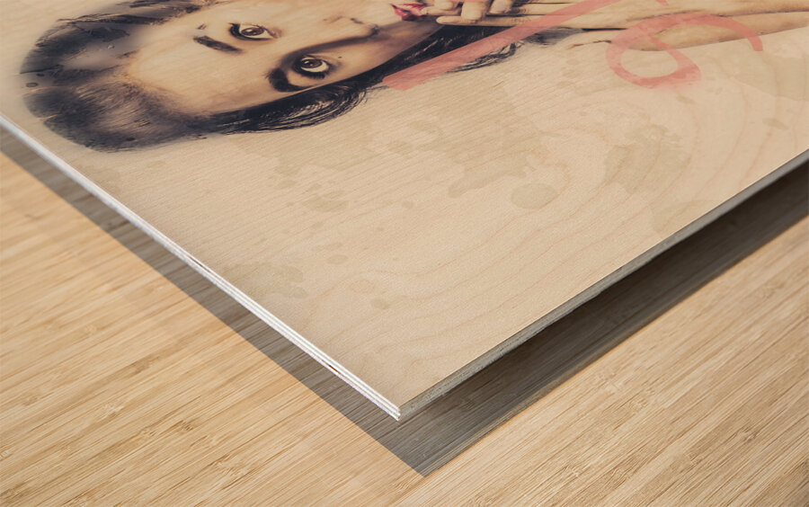 Surprised pin up window shopper at store sale Wood print