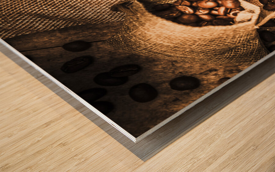 Roasted Coffee Beans In Drawer And Bags On Table Wood print