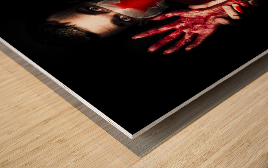 Evil Dark Medical Surgeon Waving Amputated Hand Wood print