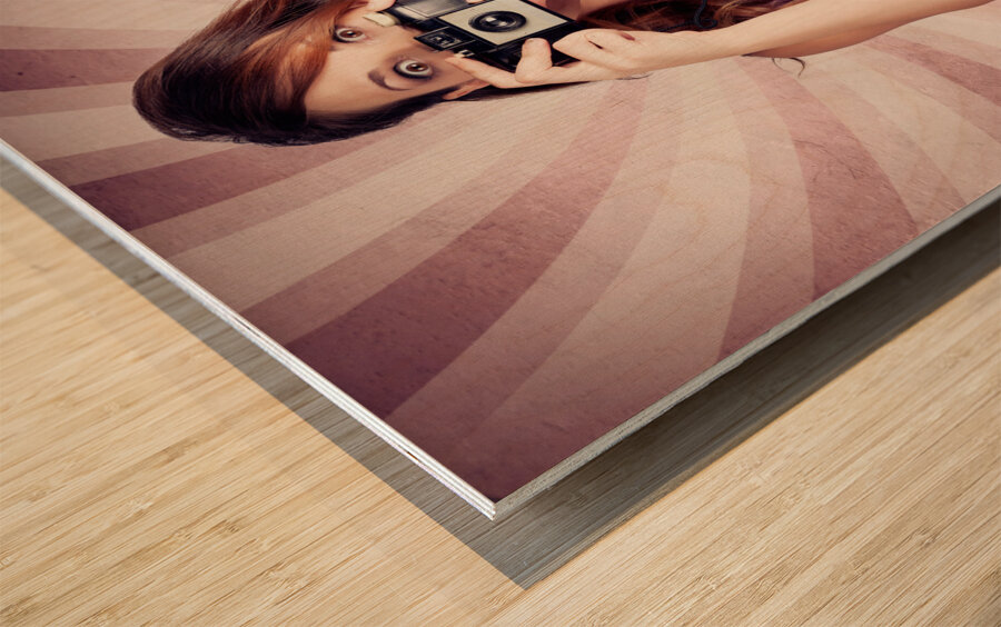 Pin-up Photographer Girl Taking Surprise Photo Wood print
