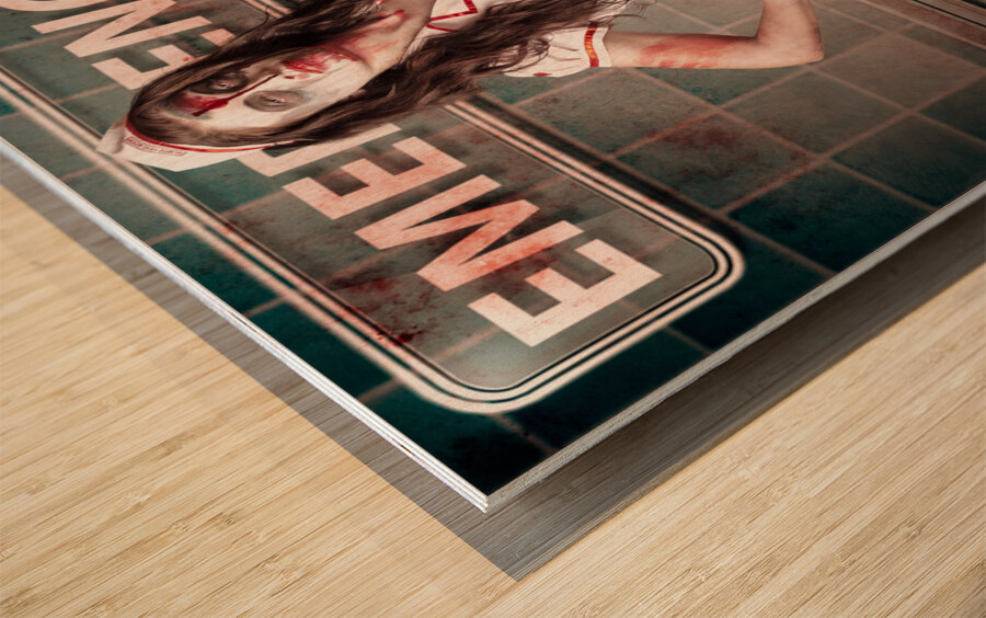 Sexy zombie medical emergency nurse in hospital ER Wood print
