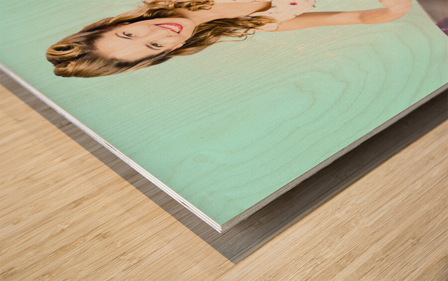 Beautiful 70s DJ pinup girl with record music disc Wood print