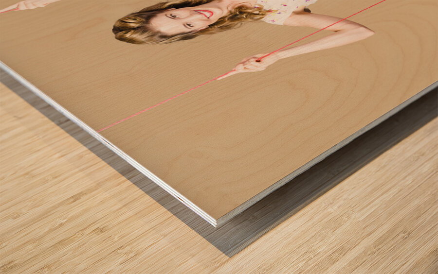 Swing pinup girl with beauty make-up and hairstyle Wood print