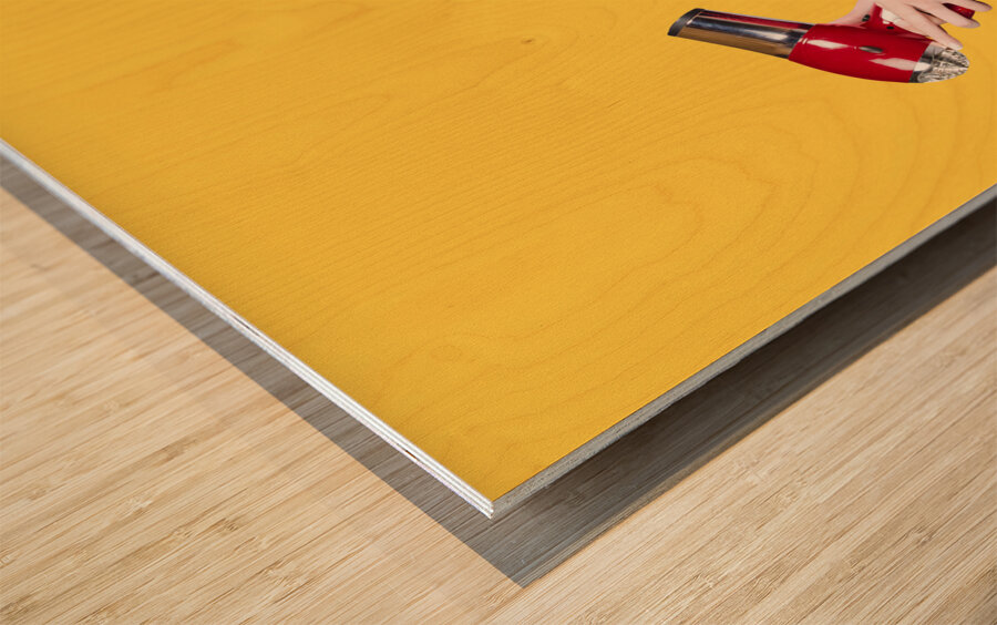 Cute brunette retro woman with hair dryer Wood print