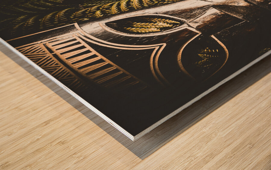 Tribal Masks With Ferns On Wooden Table Wood print