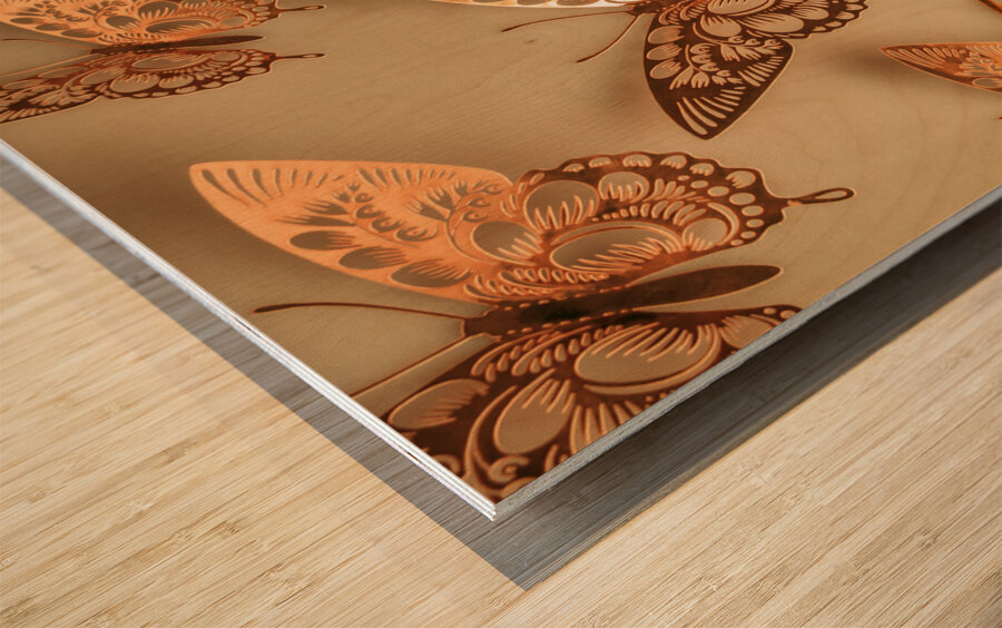 Golden butterflies adorning a soft beige wall Wood print