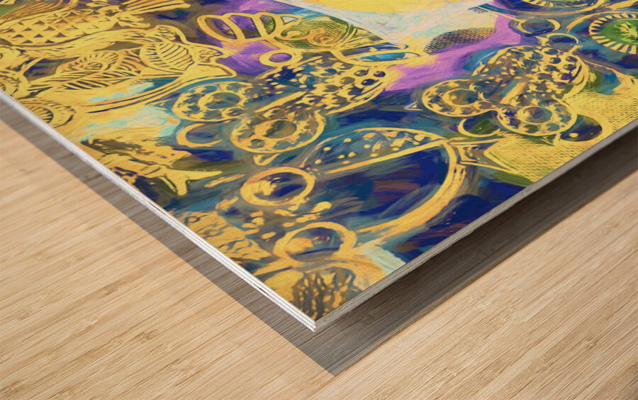 Swirling sea of colorful owl charms Wood print