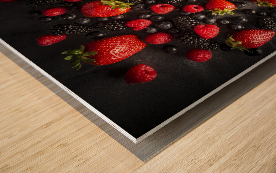 Berries on black Wood print