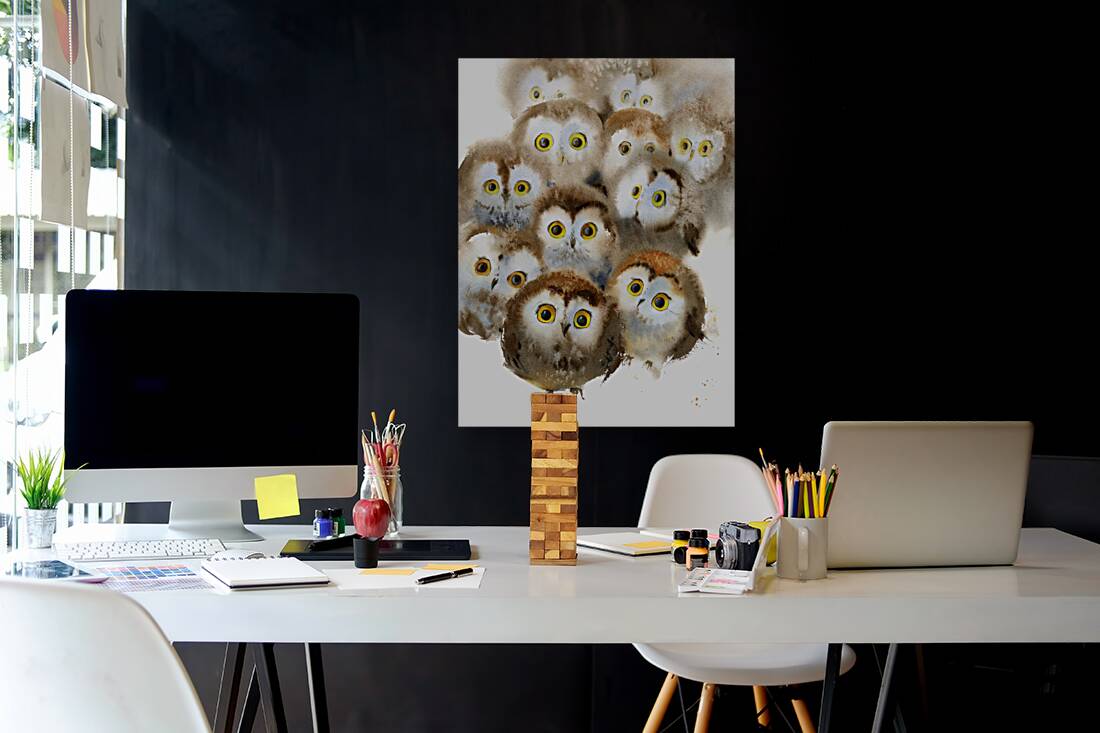 Watercolor owlets Reproduction