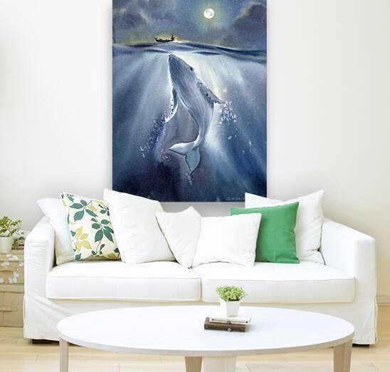 Watercolor Whale and Boat Painting - Dreamy Moonlit Ocean Scene by Eugenia Gorbacheva