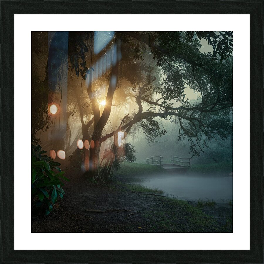 A lush green forest in the early morning mist Picture Frame print