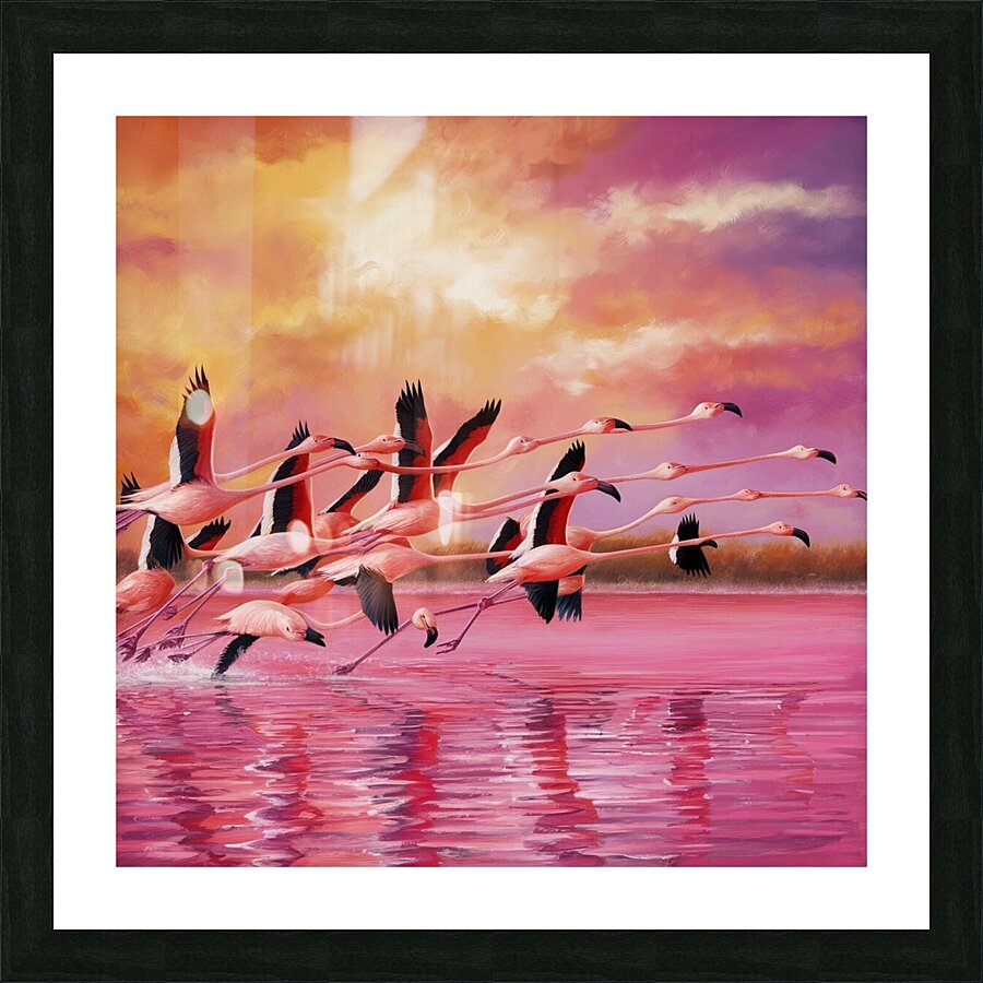A colorful flock of flamingos taking flight from a pink lake their wings outstretched against the vibrant backdrop. Picture Frame print