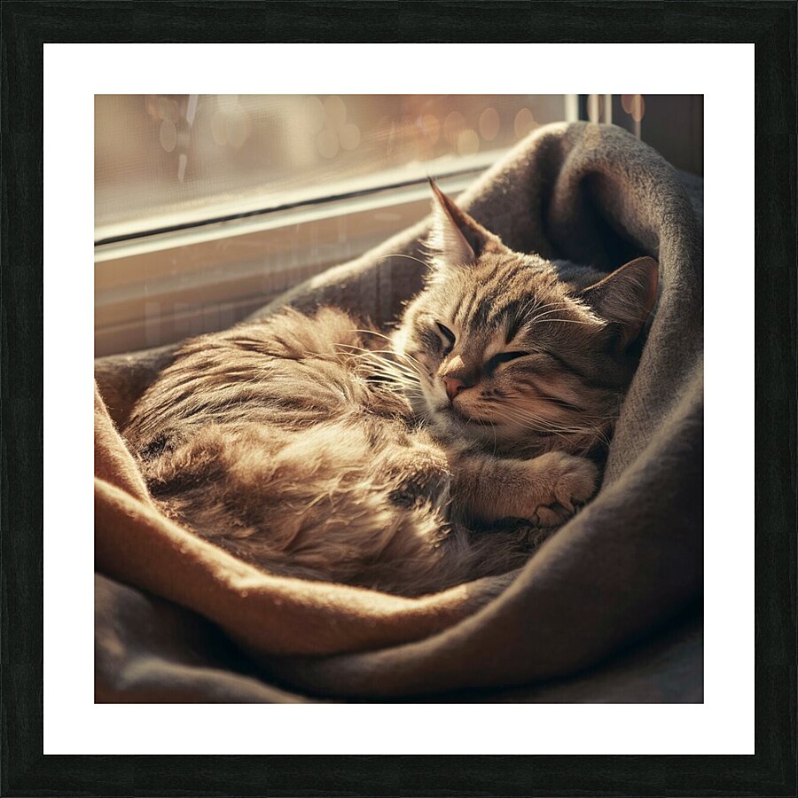 A photo of a cat curled up in a cozy spot basking in the sunlight. Picture Frame print