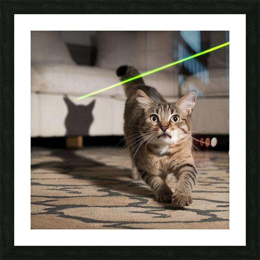A cat chasing after a laser pointer beam looking utterly confused. Picture Frame print