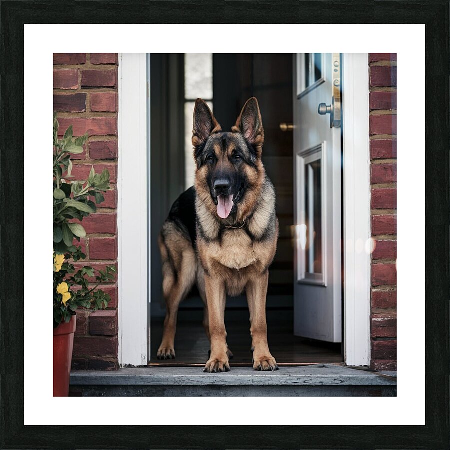 Watchful guard: A German shepherd standing alert at the entrance of a home. Picture Frame print