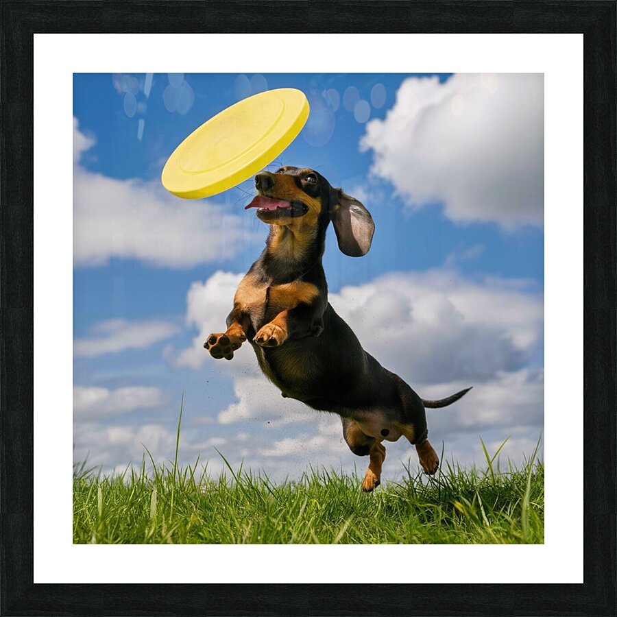 Fetching fun: A Dachshund jumping to catch a frisbee in mid-air. Picture Frame print
