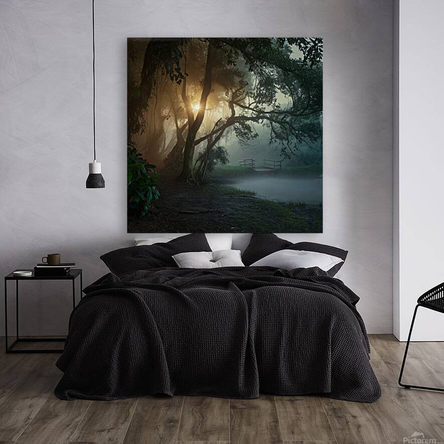 A lush green forest in the early morning mist Reproduction