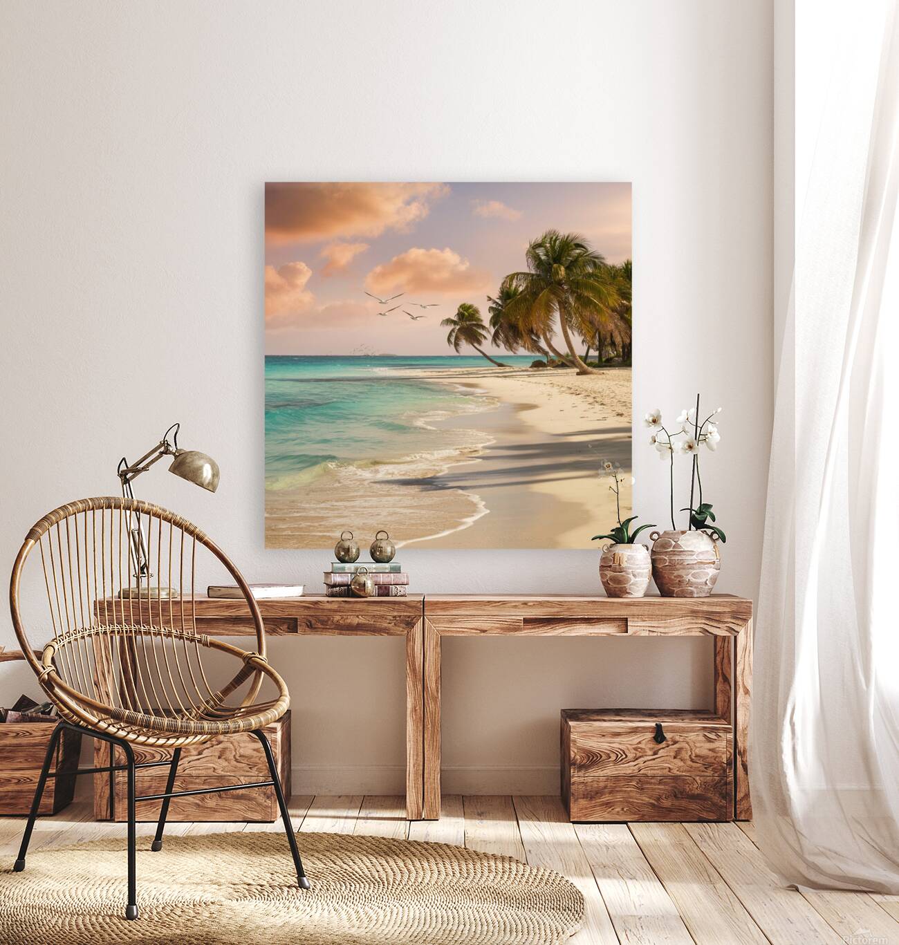 a serene beach scene with crystal clear turquoise Reproduction