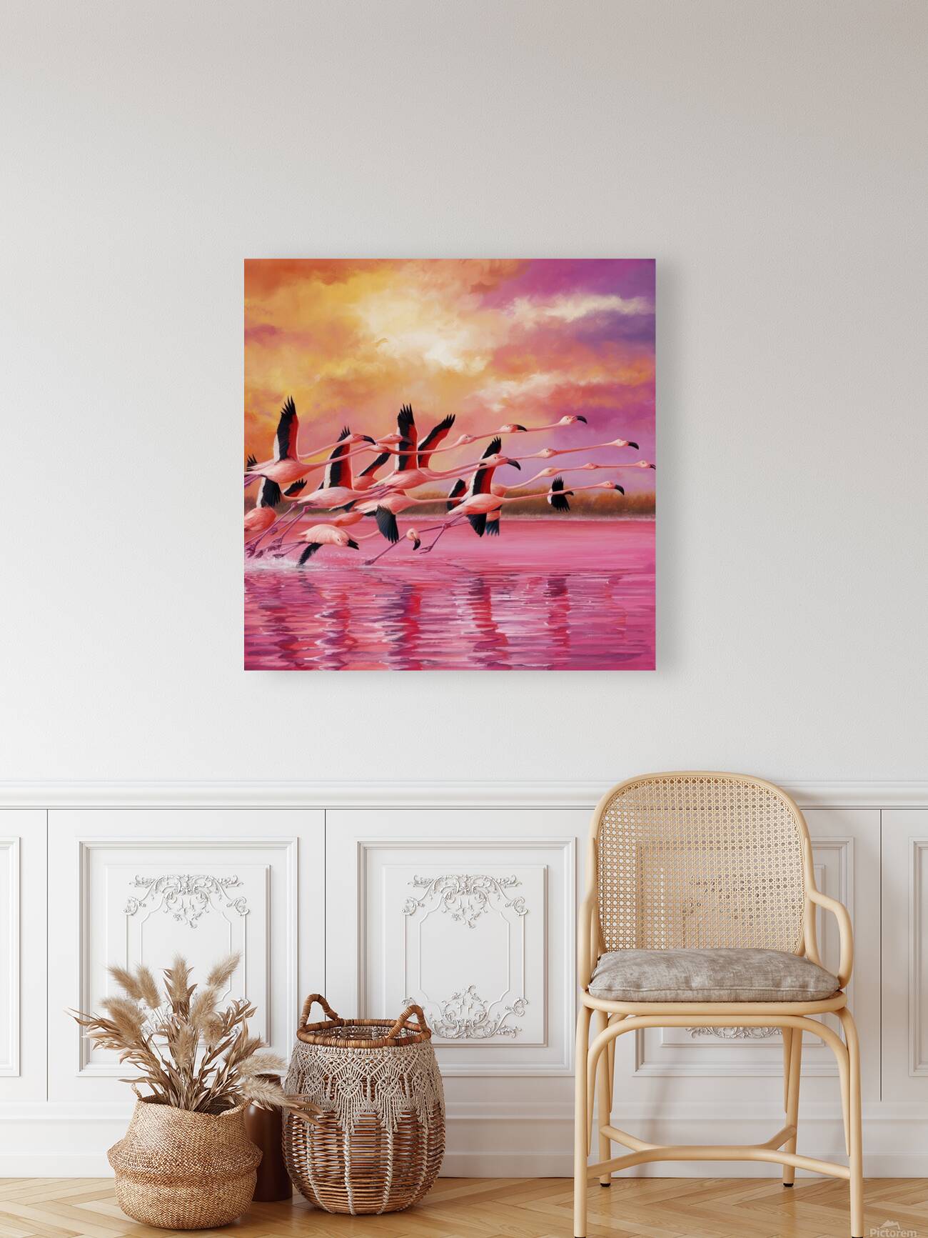 A colorful flock of flamingos taking flight from a pink lake their wings outstretched against the vibrant backdrop. Reproduction
