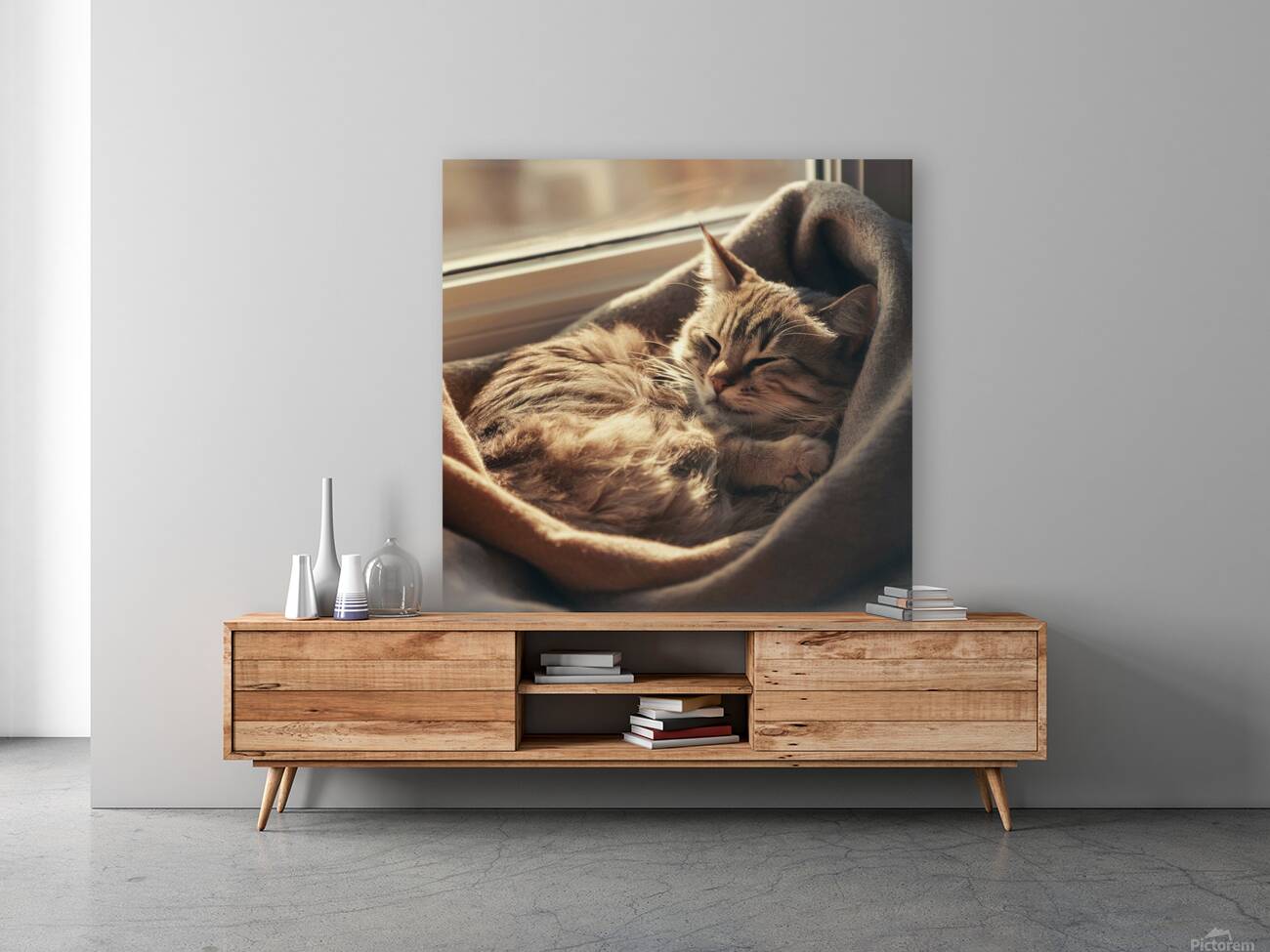 A photo of a cat curled up in a cozy spot basking in the sunlight. Reproduction