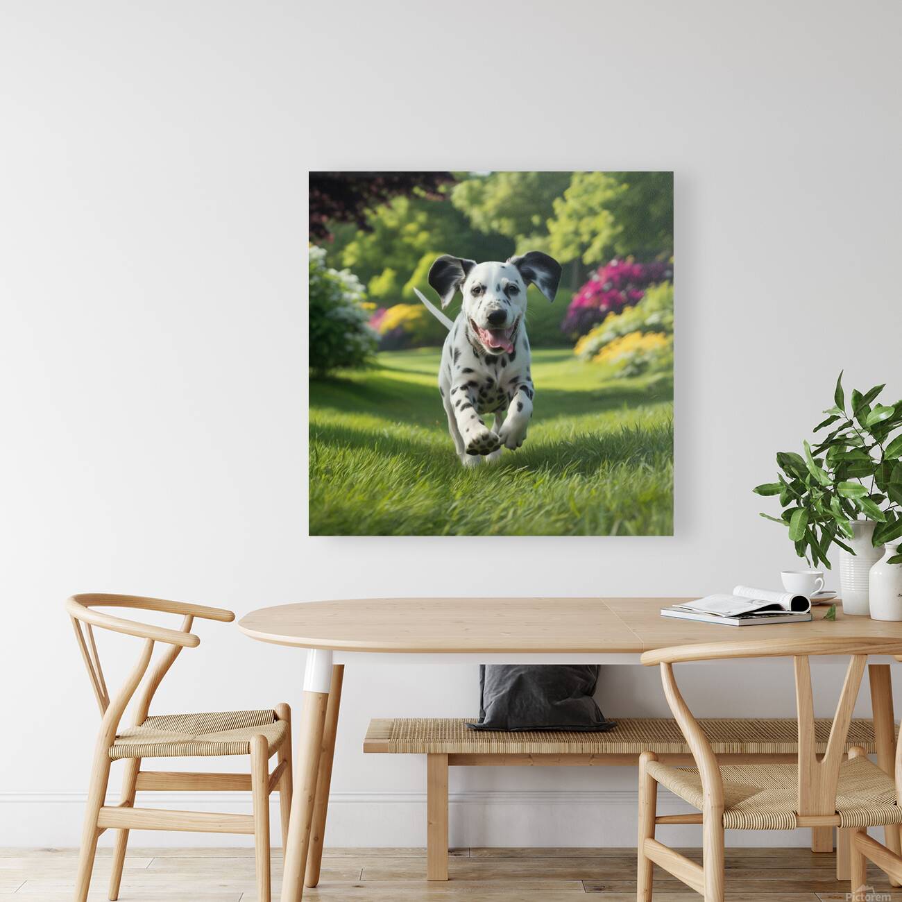 Lively runner: A Dalmatian sprinting happily through a park. Reproduction