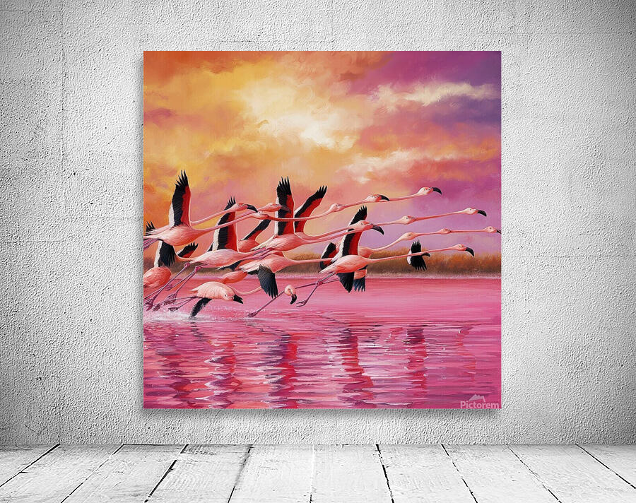 A colorful flock of flamingos taking flight from a pink lake their wings outstretched against the vibrant backdrop. Wall Preview