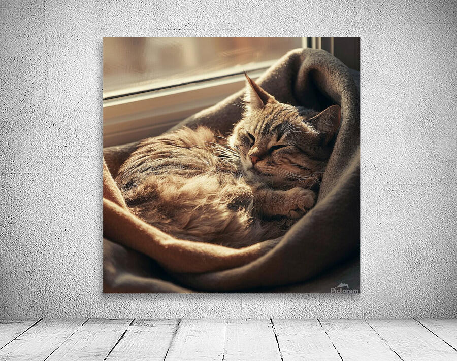 A photo of a cat curled up in a cozy spot basking in the sunlight. Wall Preview