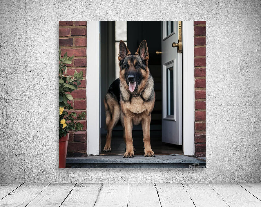 Watchful guard: A German shepherd standing alert at the entrance of a home. Wall Preview