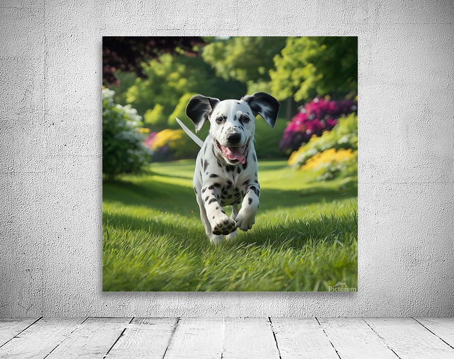 Lively runner: A Dalmatian sprinting happily through a park. Wall Preview