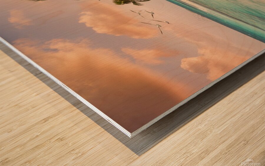 a serene beach scene with crystal clear turquoise Wood print