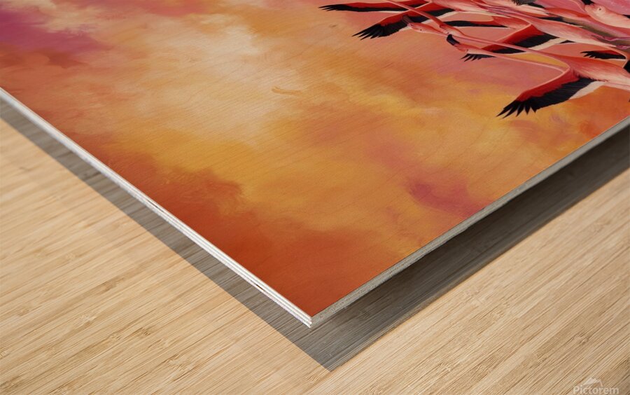 A colorful flock of flamingos taking flight from a pink lake their wings outstretched against the vibrant backdrop. Wood print