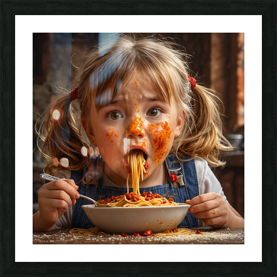 A child eats pasta Picture Frame print