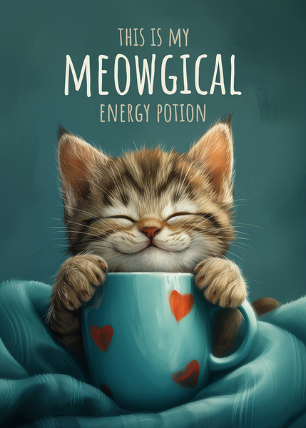 Cute Grey Tabby Cat with a Coffee Cup Digital Download