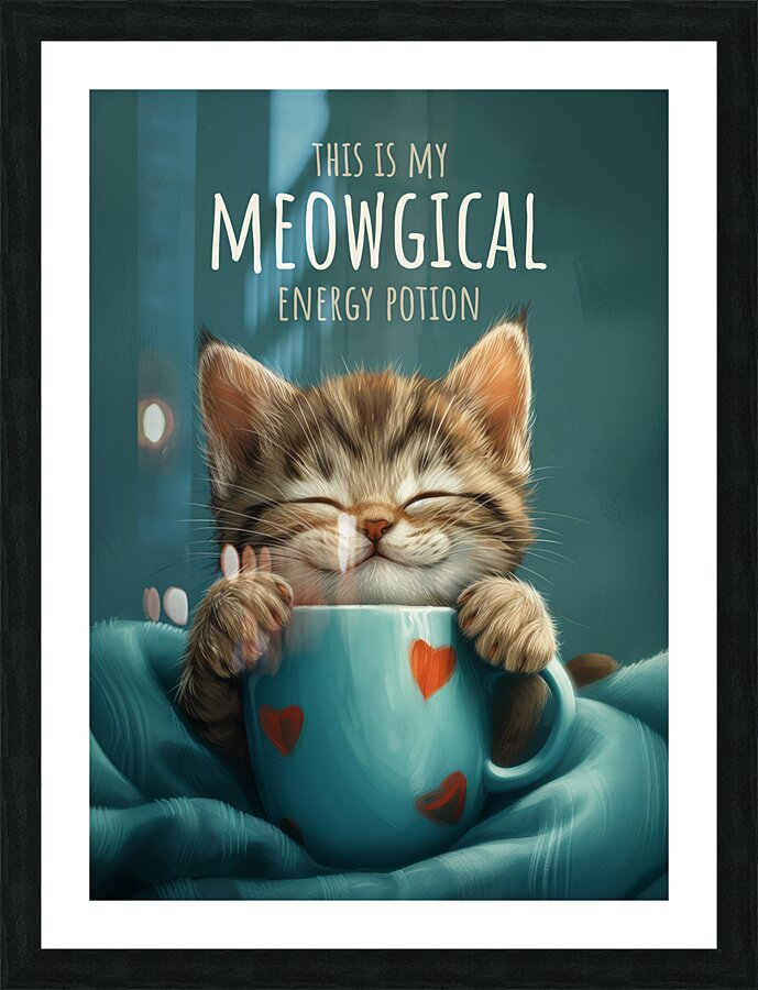 Cute Grey Tabby Cat with a Coffee Cup Picture Frame print