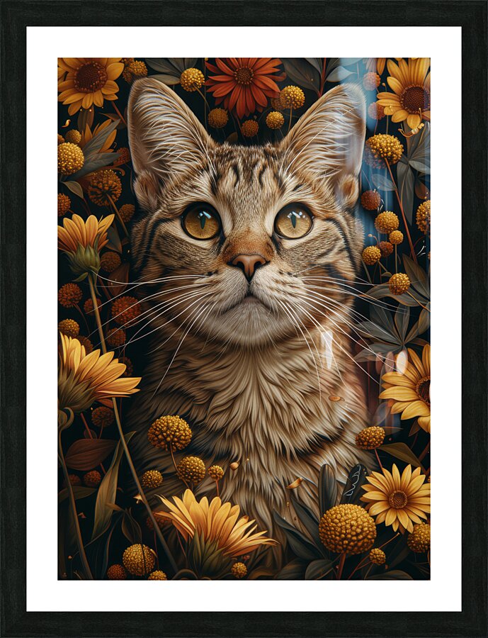 Tabby Cat in a Flowers Garden Picture Frame print