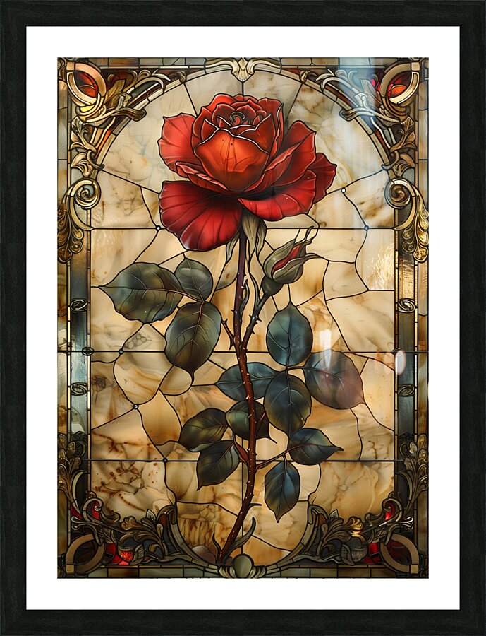 Crimson Elegance Stained Glass Red Rose Picture Frame print