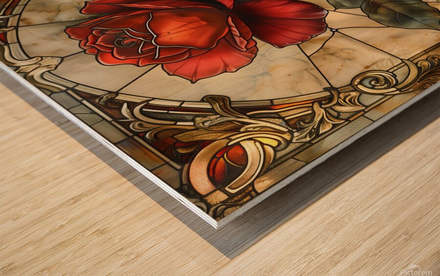 Crimson Elegance Stained Glass Red Rose Wood print