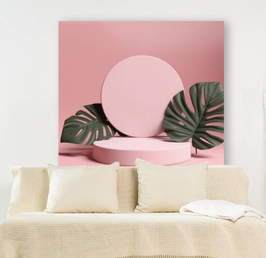 Mock up circle podium with tropical leaves on pink background  by Nora Sahinun