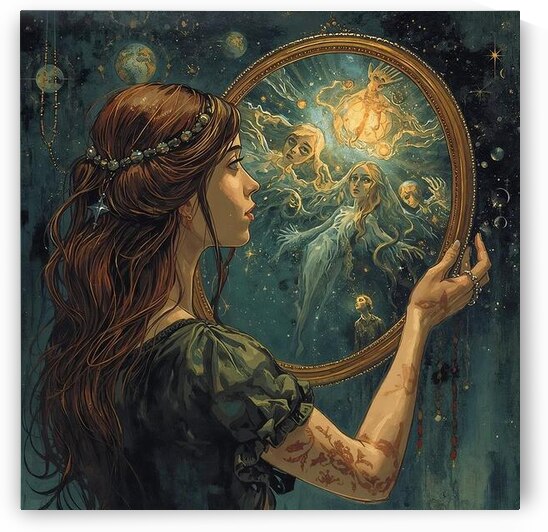 A woman holding a mirror that reflects another universe by Lamassu
