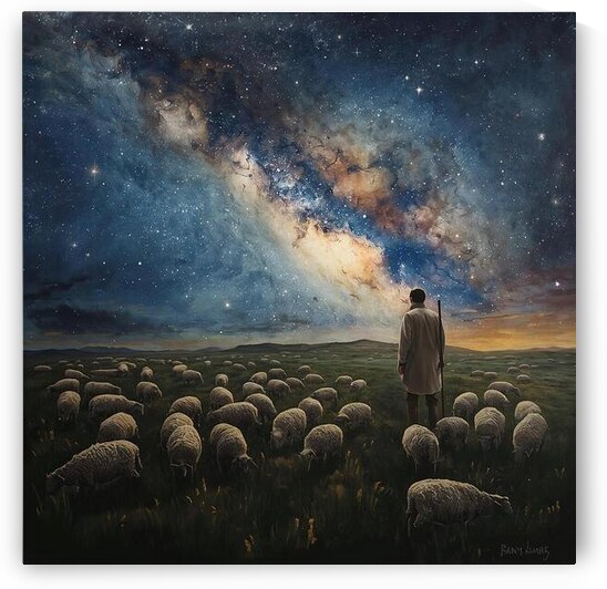 A shepherd watching over sheep made of stars grazing under the Milky Way by Lamassu