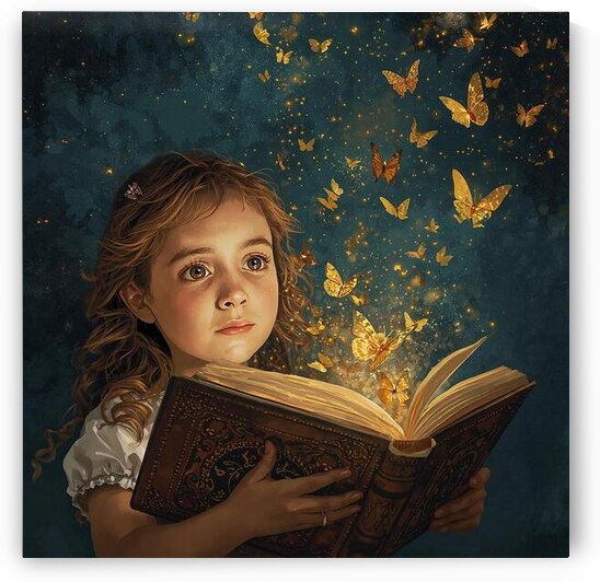 A girl opening a book golden butterflies flying out into the night sky by Lamassu