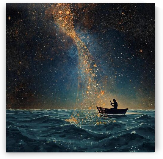 A fisherman pulling a net of glowing stars from the sea by Lamassu