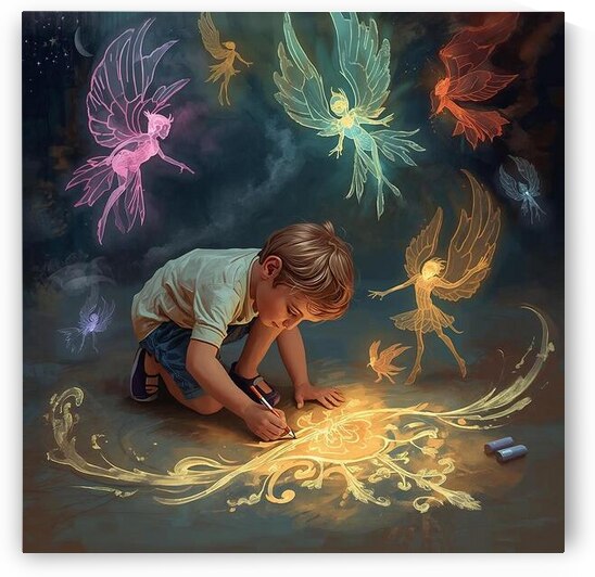 A child drawing on the ground with chalk his draw by Lamassu