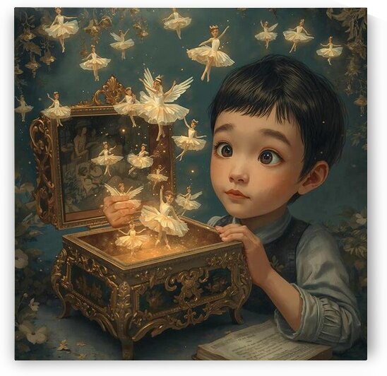 A boy opening a music box tiny glowing ballerinas by Lamassu