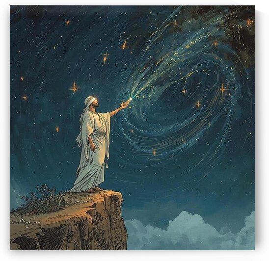 A blind prophet standing on a cliff glowing third eye by Lamassu