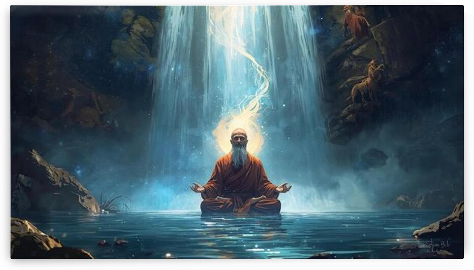 A monk meditating beneath a waterfall glowing aura rising around him sacred energy merging with the mist by Lamassu