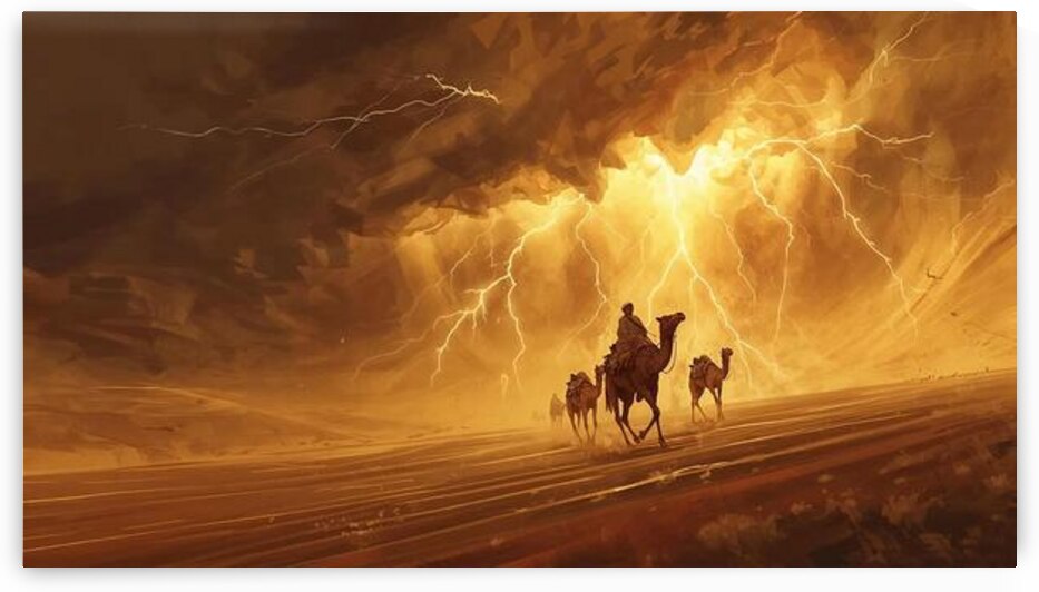 A desert nomad walking with a camel caravan under a storm of golden sand sky torn with lightning by Lamassu