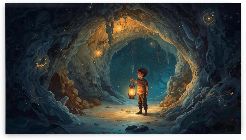 A boy lighting a lantern inside a cave revealing walls covered in glowing constellations by Lamassu