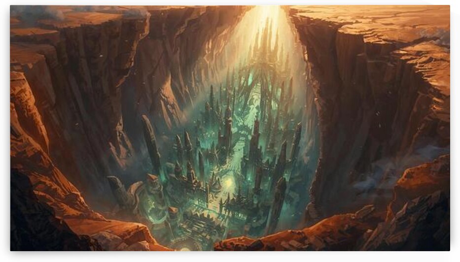 A desert canyon splitting open into a glowing underground city of crystal towers by Lamassu