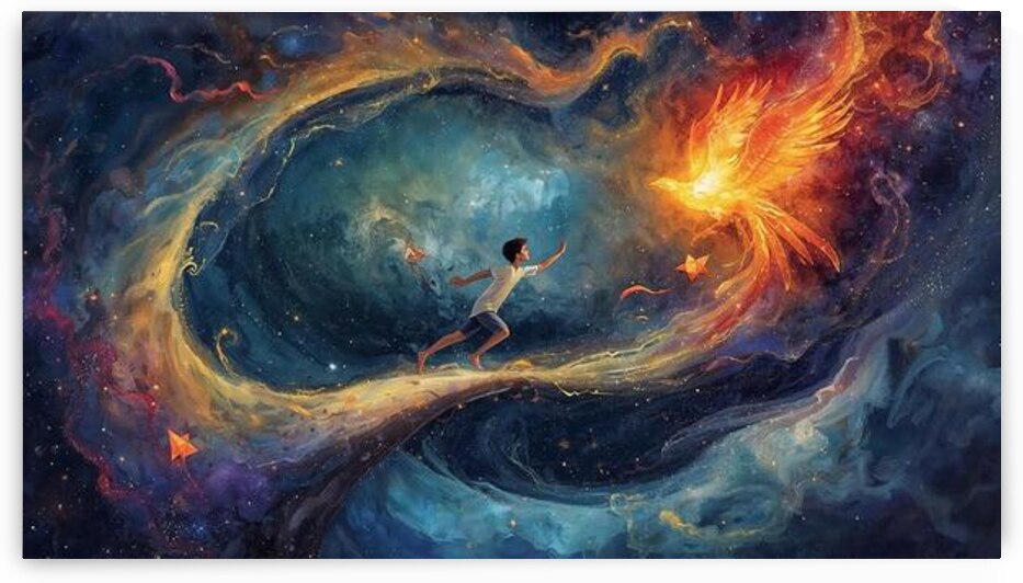 A boy running across a starry bridge chasing a paper kite that transforms into a phoenix mid-flight universe glowing around them by Lamassu